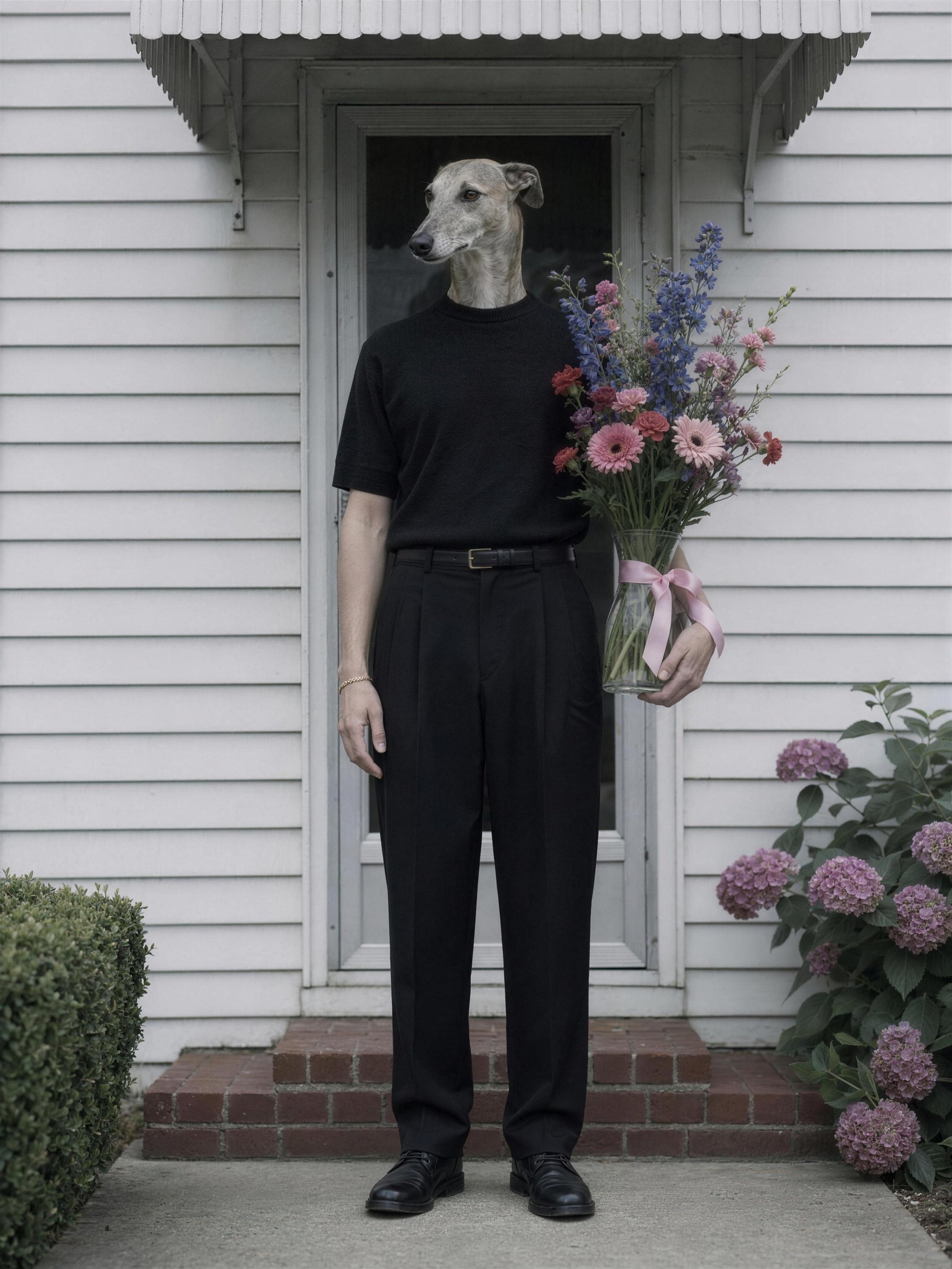 Sunday Flowers, a greyhound on a front step holding a vase of flowers